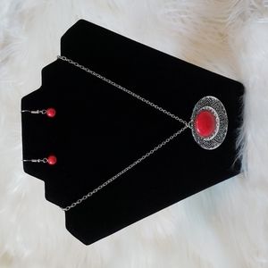 Red Medallion Necklace and Earrings
